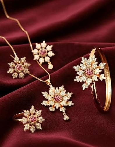 Gold & Ruby Diamond Flower Jewellery Set